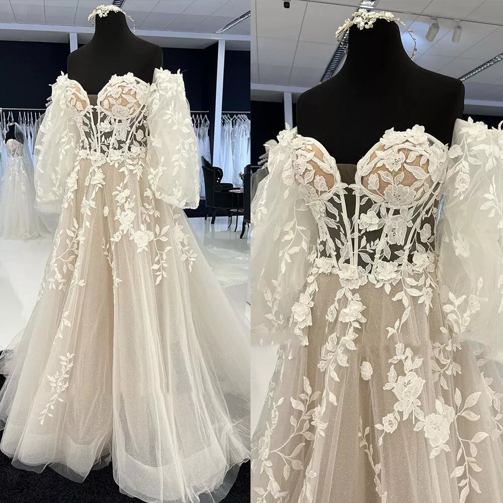 Lace Boho Champagne Beach Wedding Dresses Sweetheart Mychicdress