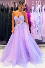 Lace Lilac Prom Dress Corset A Line Appliques Tulle