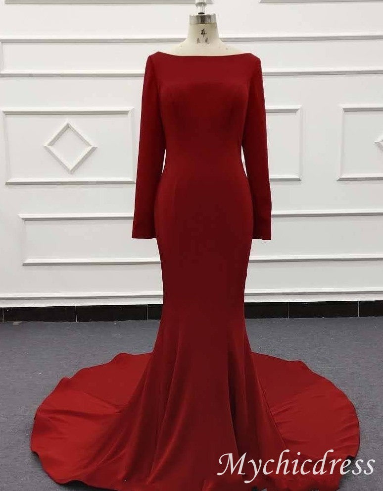 Lace Long Sleeves Formal Dress Red Satin Mermaid Evening Gown UK Mychicdress