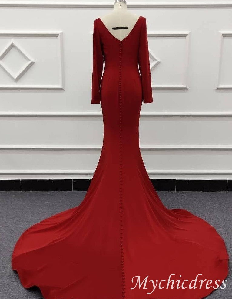 Lace Long Sleeves Formal Dress Red Satin Mermaid Evening Gown UK Mychicdress