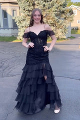 New Tiered Black Lace Mermaid Prom Dresses Ruffles Cold Shoulder