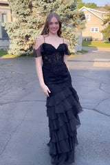 New Tiered Black Lace Mermaid Prom Dresses Ruffles Cold Shoulder