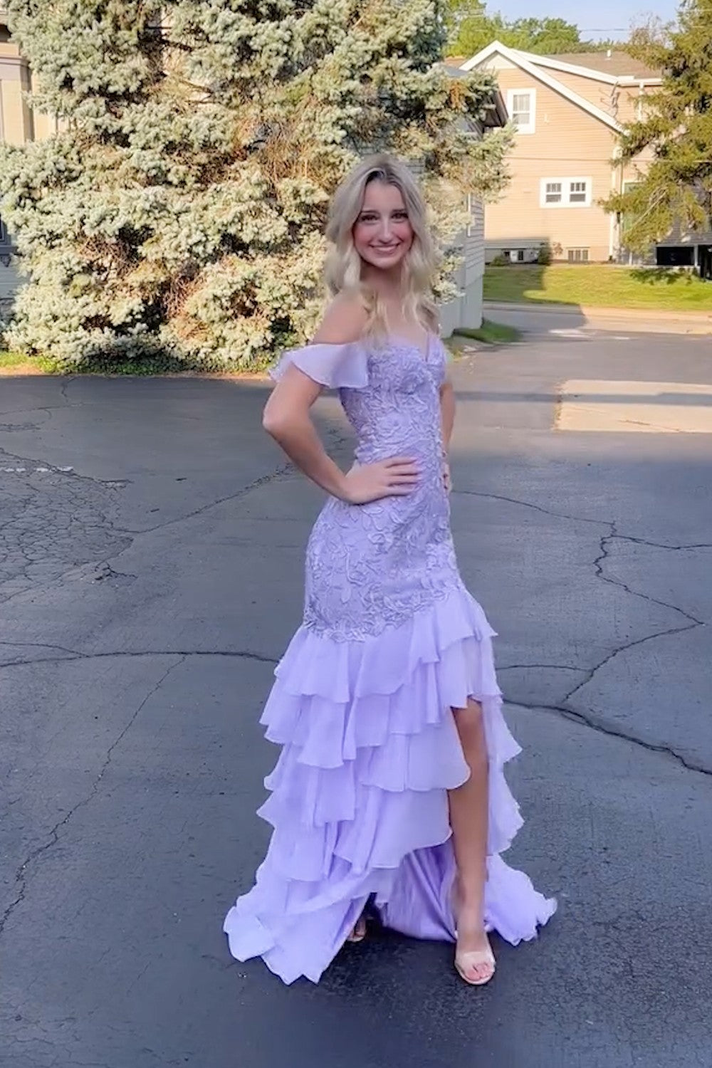 New Tiered Lace Mermaid lavender Prom Dresses Ruffles Cold Shoulder