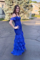 New Tiered Lace Mermaid lavender Prom Dresses Ruffles Cold Shoulder