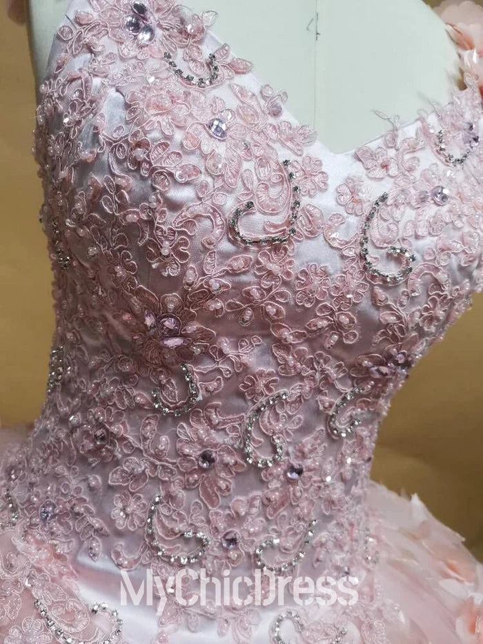 Lace Pink Quinceanera Dress for Sweet 16 Gown Straps Appliques Beaded Mychicdress