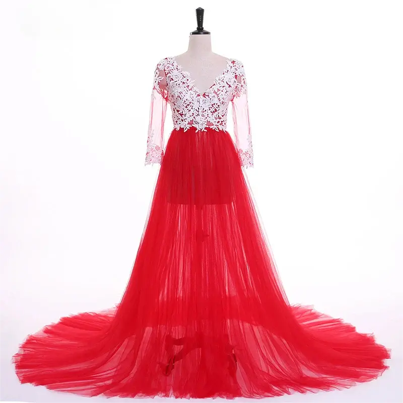 Lace Sleeves Lace Pink Maternity Dresses for Photoshoot Tulle Skirt