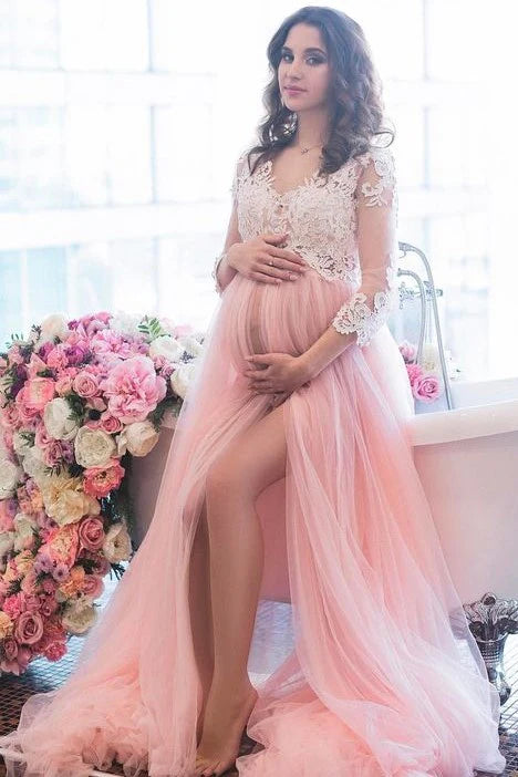 Lace Sleeves Lace Pink Maternity Dresses for Photoshoot Tulle Skirt