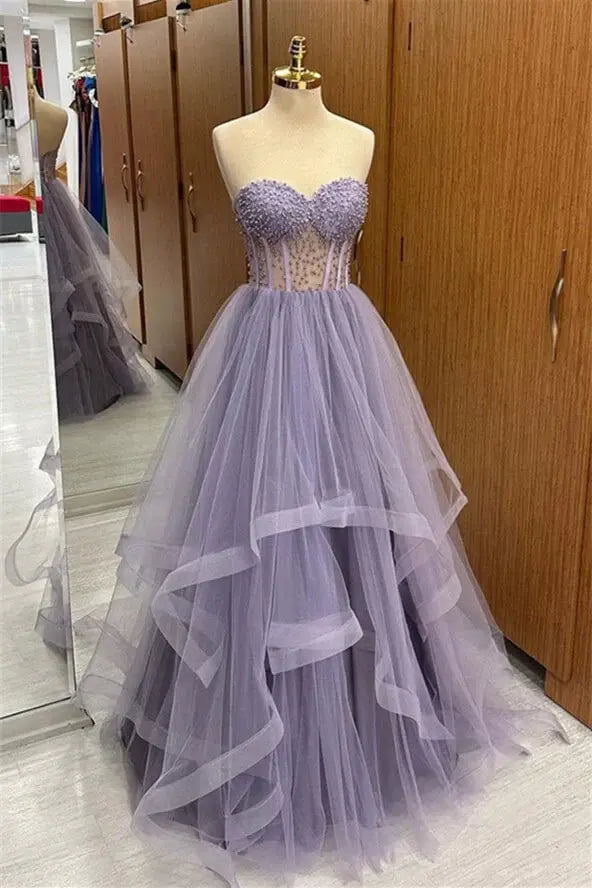Purple evening gown Lavender Pearls Sheer Prom Dresses Strapless Ruffled Tulle Formal Wear