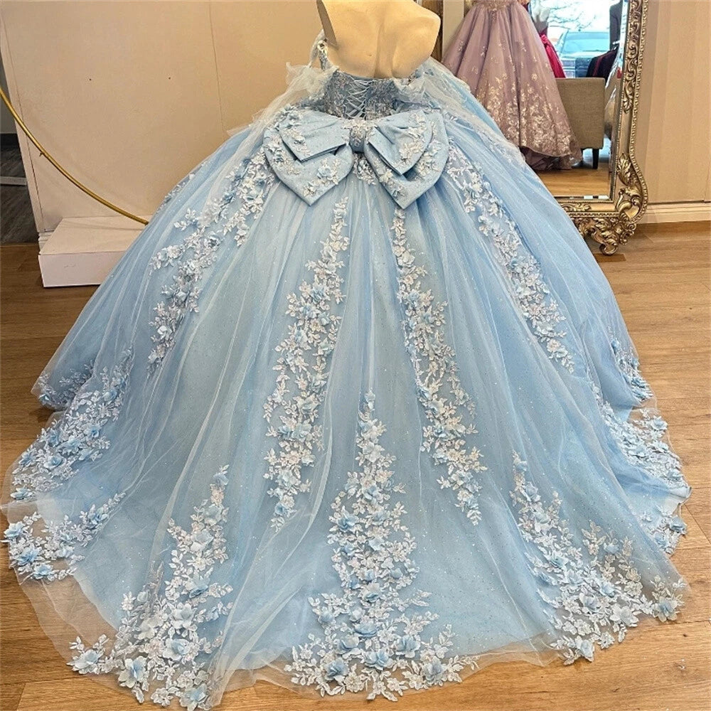 Light Blue Floral Quinceañera Dress for Sweet 16 Birthday Party Dress
