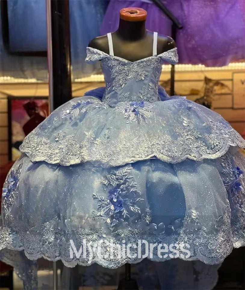 Light Blue Mini Quince Dresses For Little Girl Lace Appliqué Fluffy Tulle