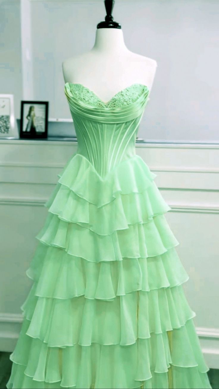 Ruffles Strapless Tiered prom Dress light green Lace Chiffon Split Mychicdress