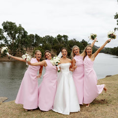 Light Pink Satin Beach Bridesmaid Dresses One Shoulder Ruched