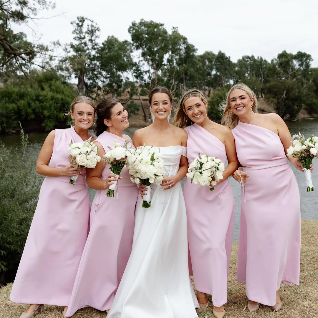 Light Pink Satin Beach Bridesmaid Dresses One Shoulder Ruched