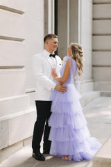 2025 Light Purple Tiered Prom Dresses Tulle A Line Grad Dresses