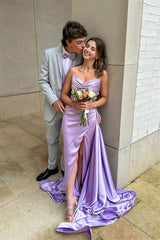 Strapless Lilac Prom Dress Ruched Fitted Formal Gown with Train