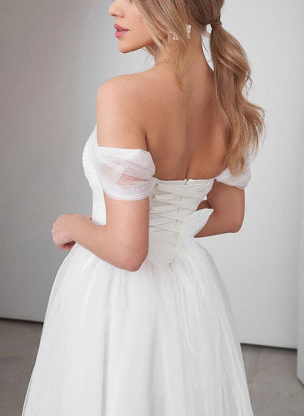 Little White Tulle Beach Wedding Short Dresses Off-The-Shoulder Mychicdress