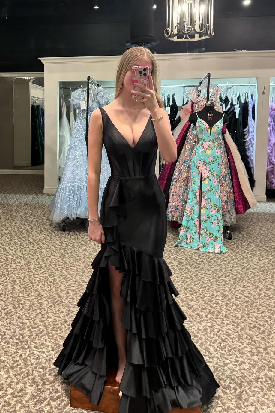 Fitted black Prom Dress Long Satin V Neck Ruffles