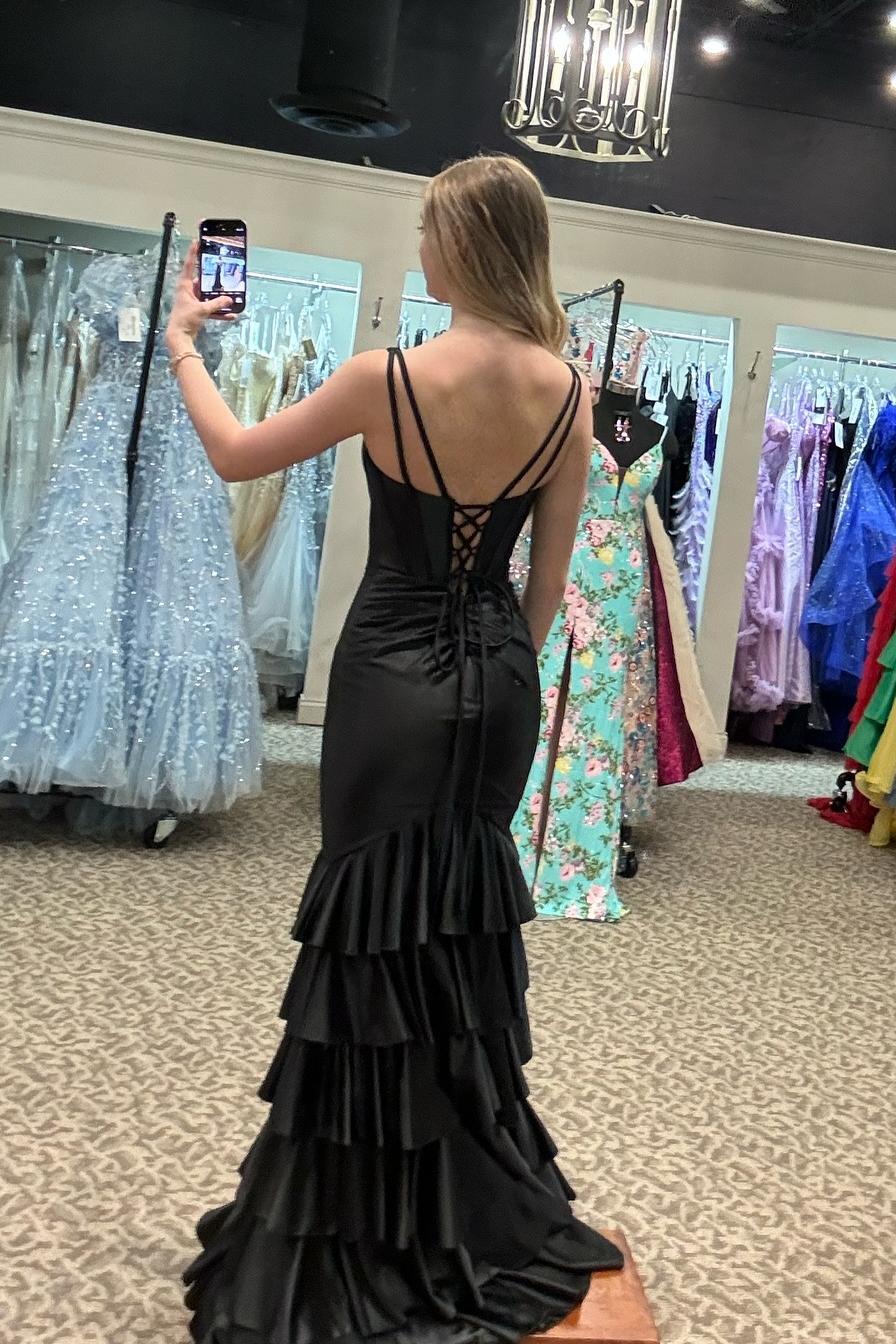 black evening gown Fitted Prom Dress Long Satin V Neck Ruffles