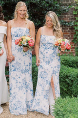 Long Blue Beach Floral Print Bridesmaid Dress Mychicdress