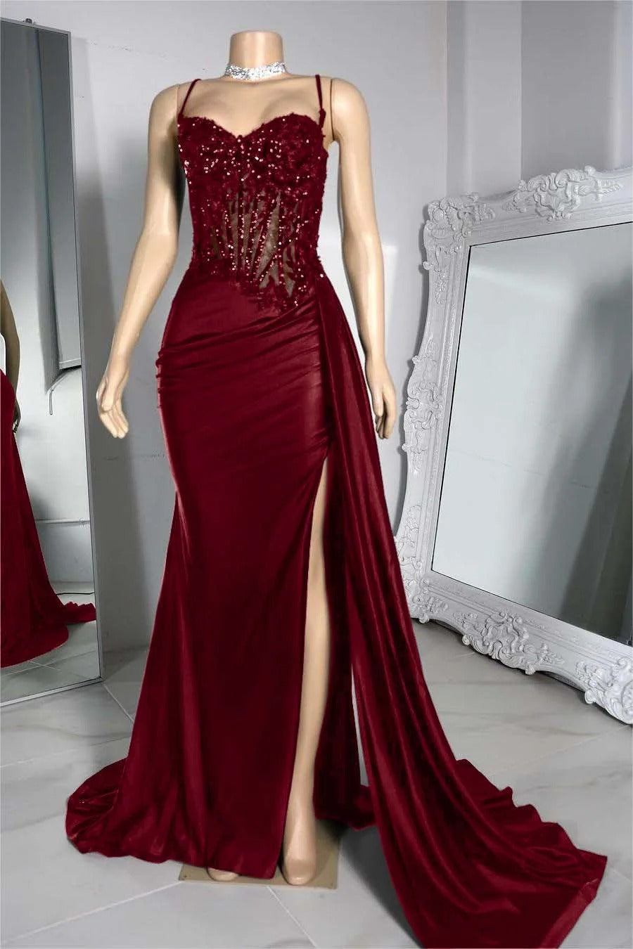 Long burgundy Evening Dress Sleeveless Pleated Split with Beadings