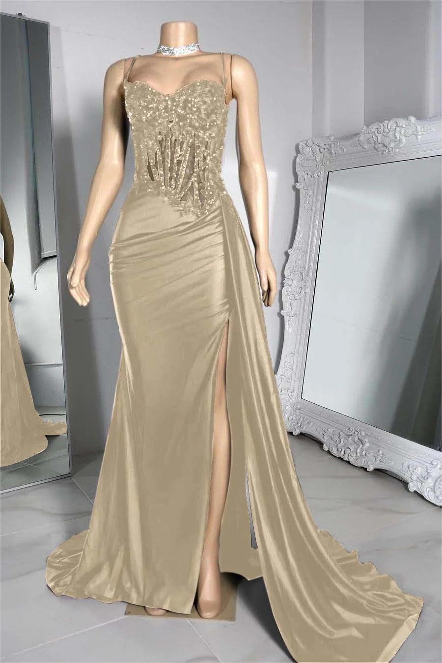 Long champagne Evening Dress Sleeveless Pleated Split with Beadings