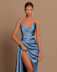 Long Elegant Prom Dress Dusty Blue Formal Dress for Guests