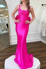 Long Fuchsia Formal Dress Straps Satin Mermaid with Bow