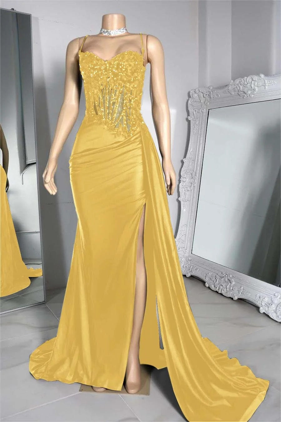 Long gold Evening Dress Sleeveless Pleated Split with Beadings