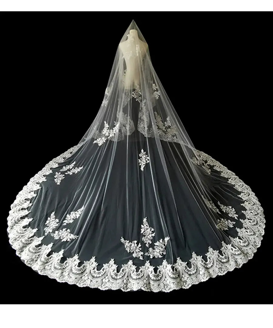 Long Lace Cathedral Veil Appiques Wedding Bridal Veils with Comb