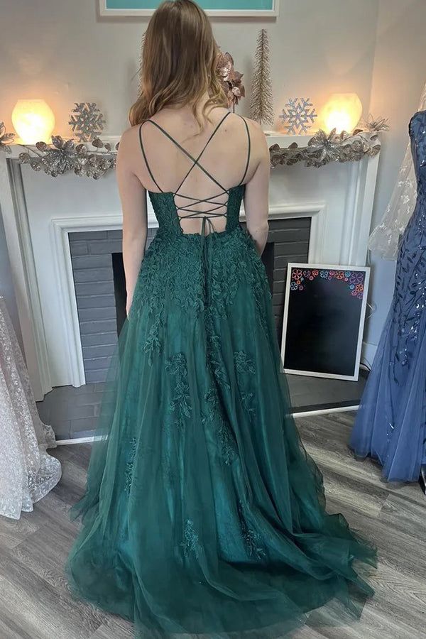 Long Lace Dark Green Formal Dress A-Line Spaghetti Straps