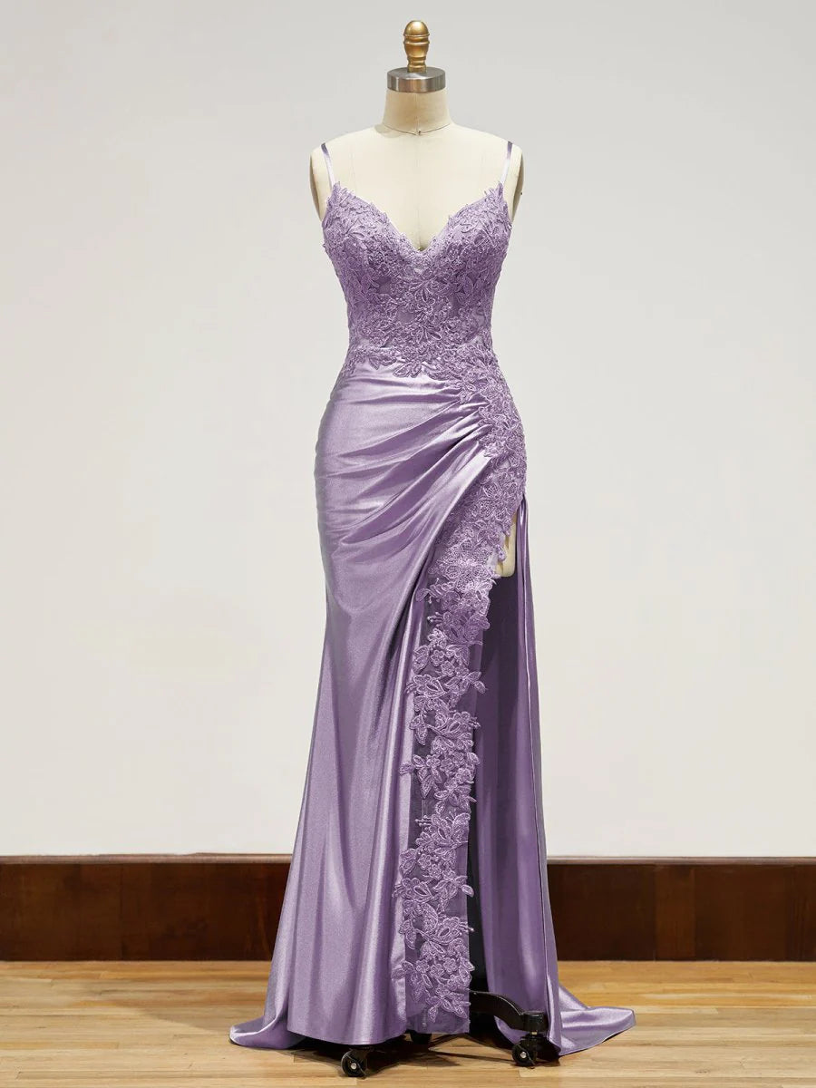 Lavender evening gown Long Lace Formal Dress Appliques with Slit