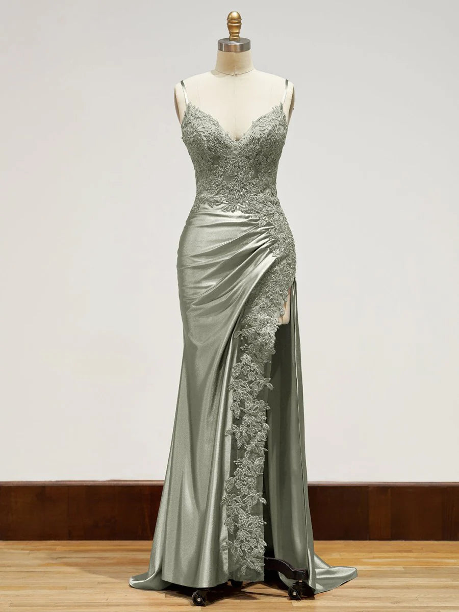 Silver evening gown with lace Long Formal Dress Appliques with Slit