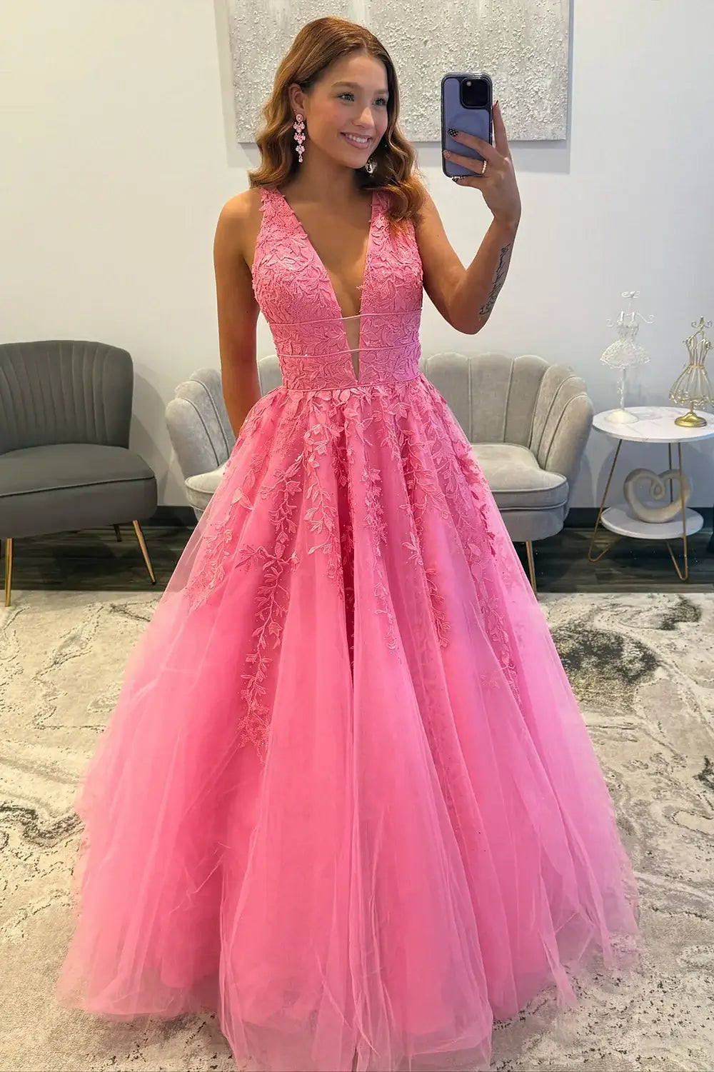 Long Lace Pink Prom Dresses for Girls V Neck A Line Evening Gowns