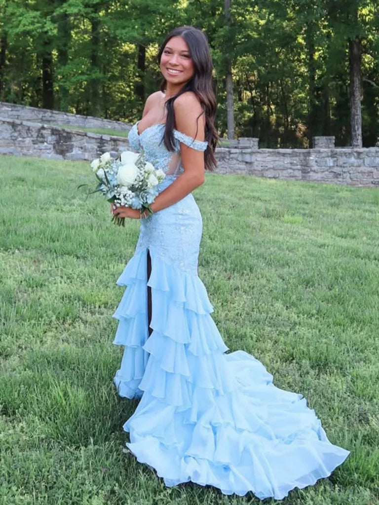 Long Light Blue Formal Dress with Ruffles Mychicdress