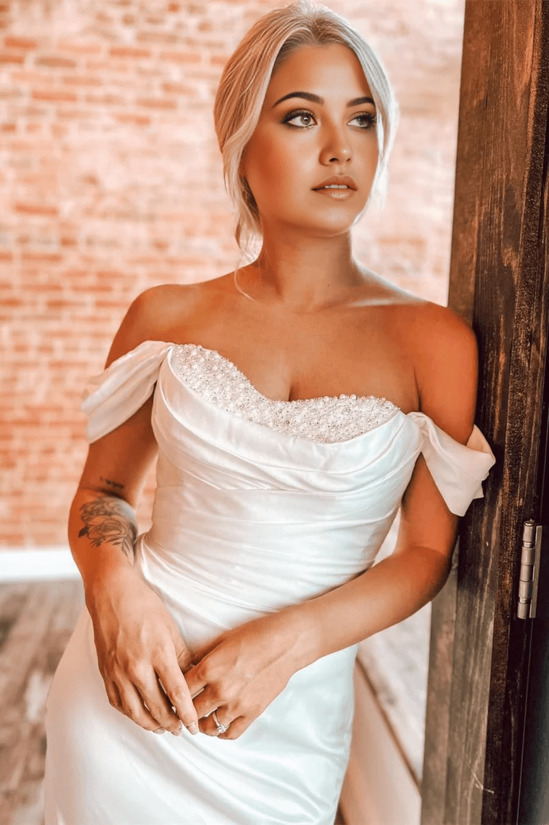 Long Mermaid Garden Wedding Dress Satin Pearls Off-the-Shoulder