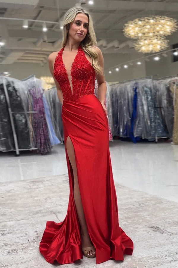 Long Mermaid Halter Black Prom Dresses 2025 Lace V-Neck