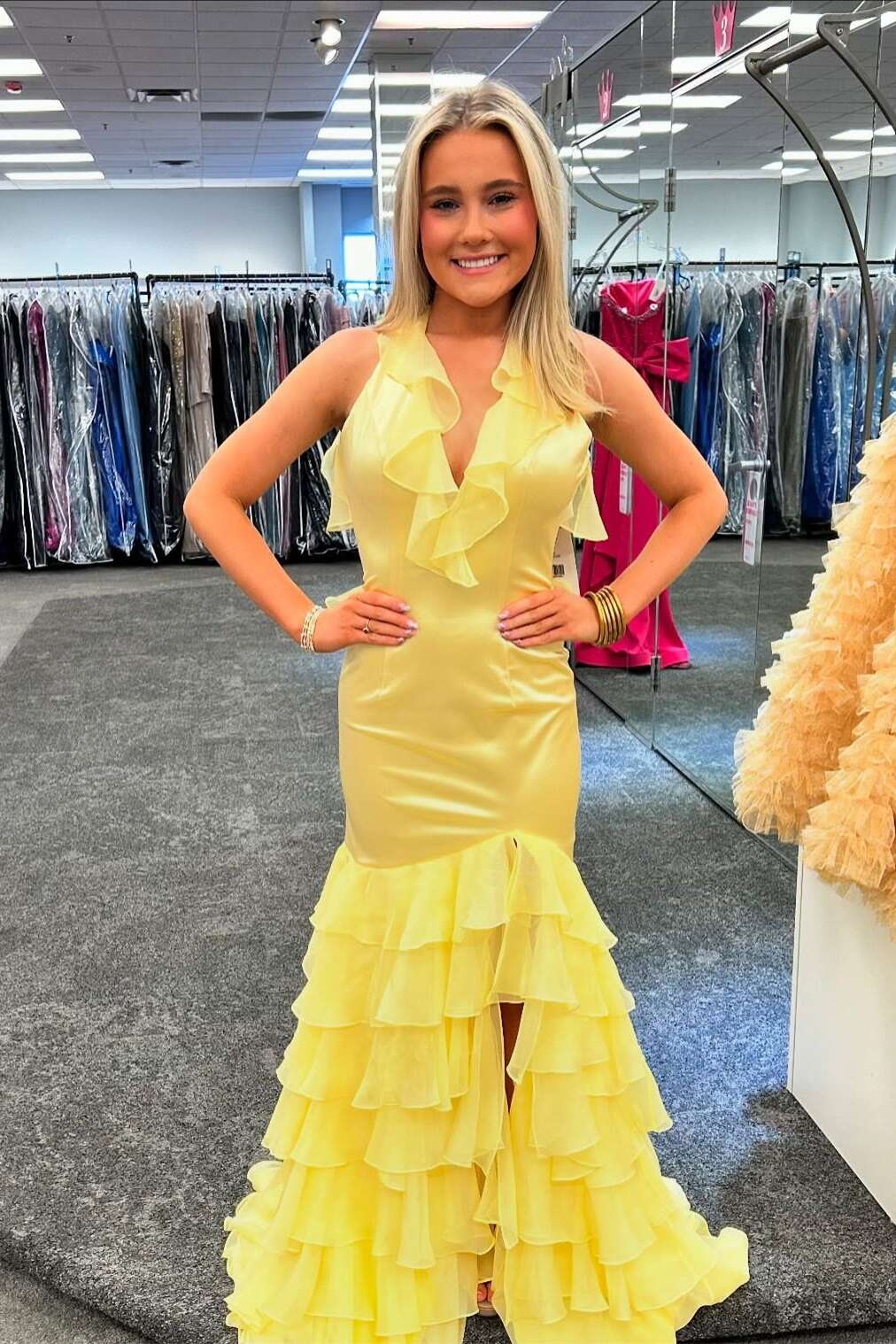 Long Mermaid Yellow Prom Dress with Ruffles Backless