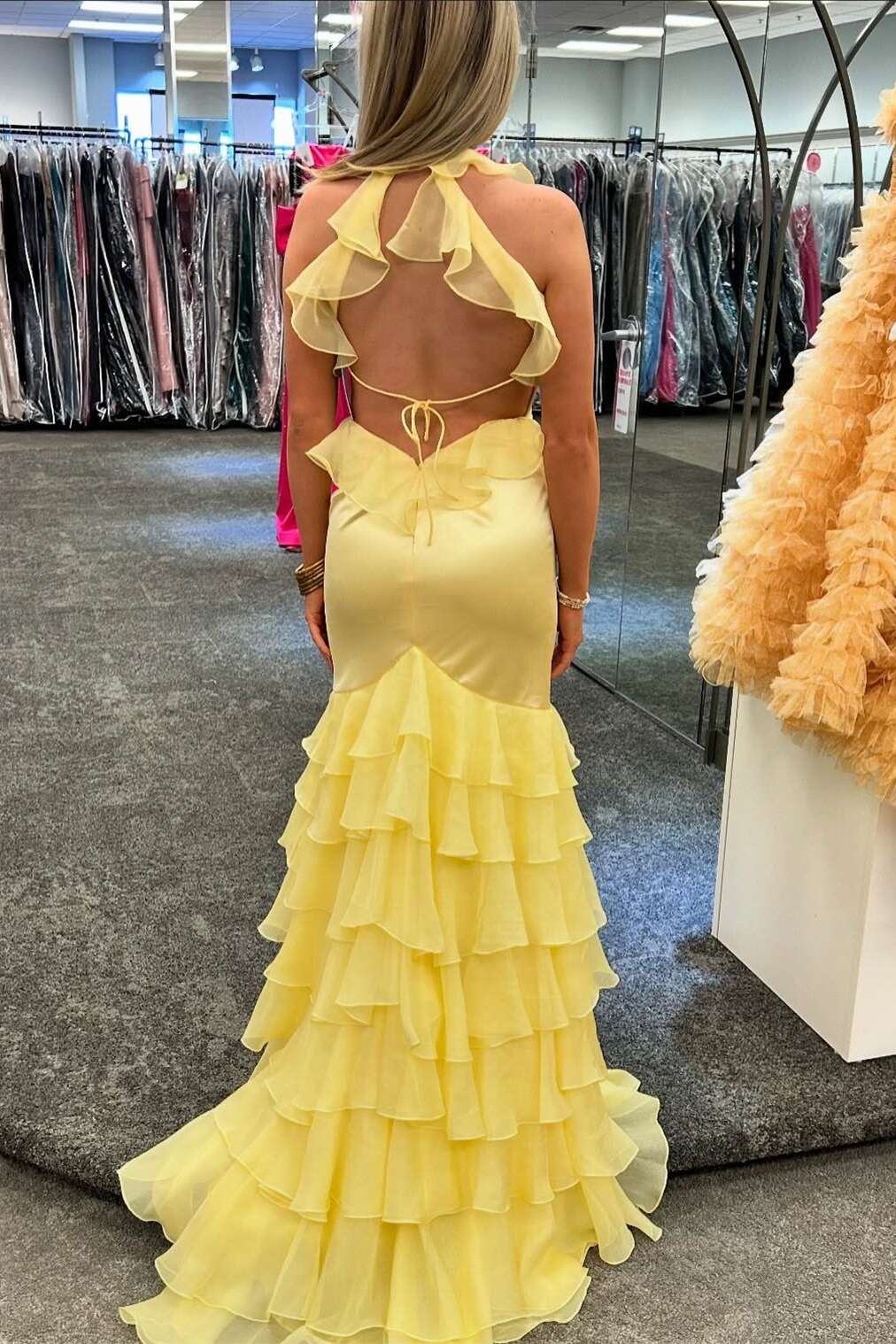 Long Mermaid Yellow Prom Dress with Ruffles Backless