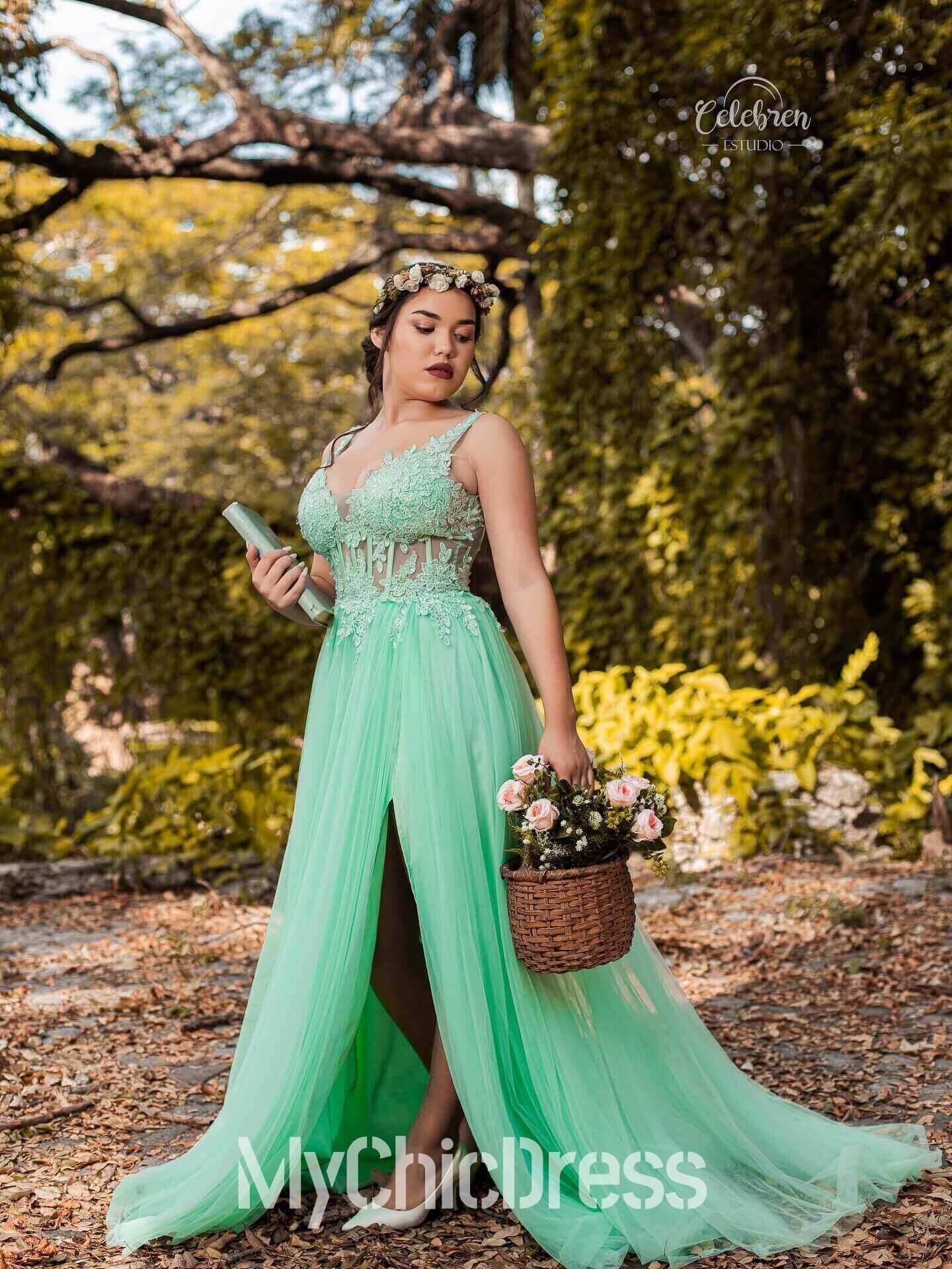 Long Mint Green Lace Prom Dresses A Line Corset Sweet 16 Dress