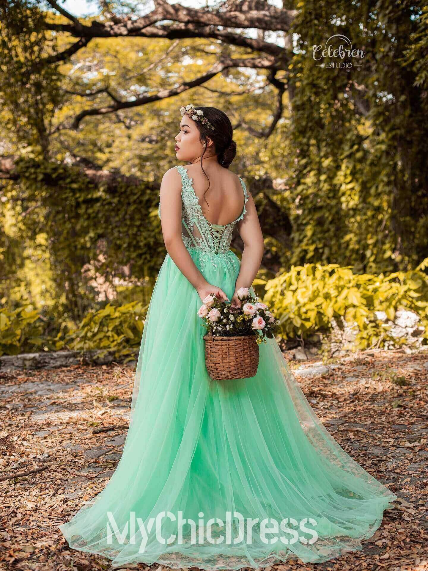 Long Mint Green Lace Prom Dresses A Line Corset Sweet 16 Dress