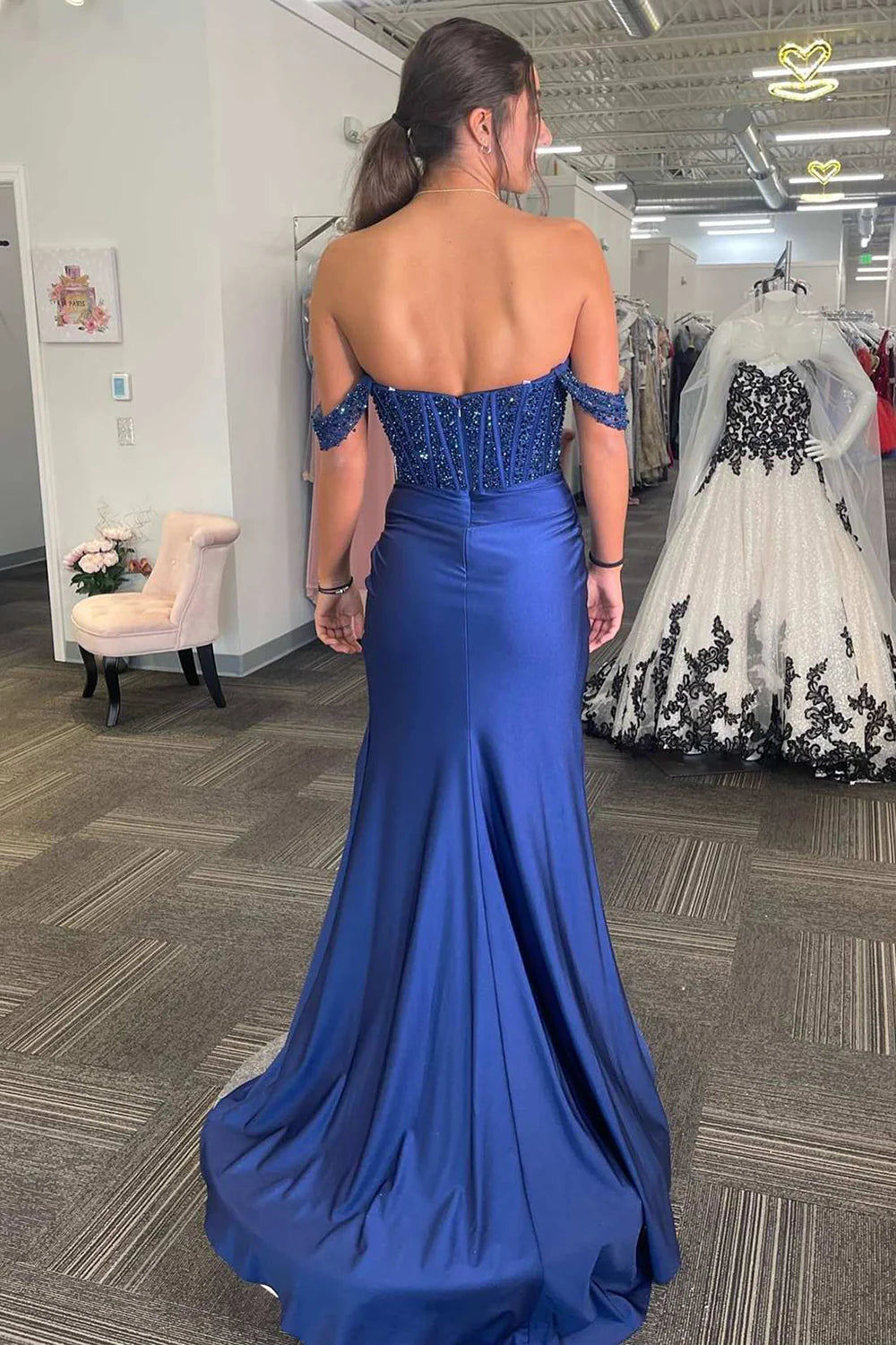 Cheap Navy Blue Prom Dresses Corset Off The Shoulder with Slit
