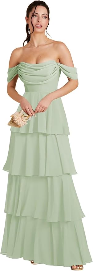 Boho Off Shoulder Chiffon Tiered Bridesmaid Dress with Ruffles