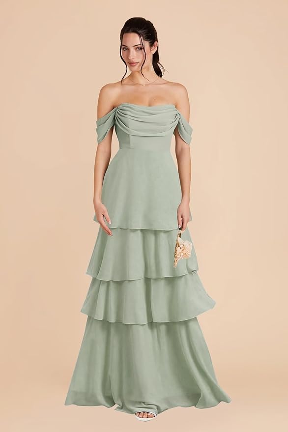 Boho Off Shoulder Chiffon Tiered Bridesmaid Dress with Ruffles