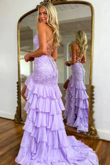 2025 Long Purple Mermaid Lace Formal Dress Lilac V Neck Backless