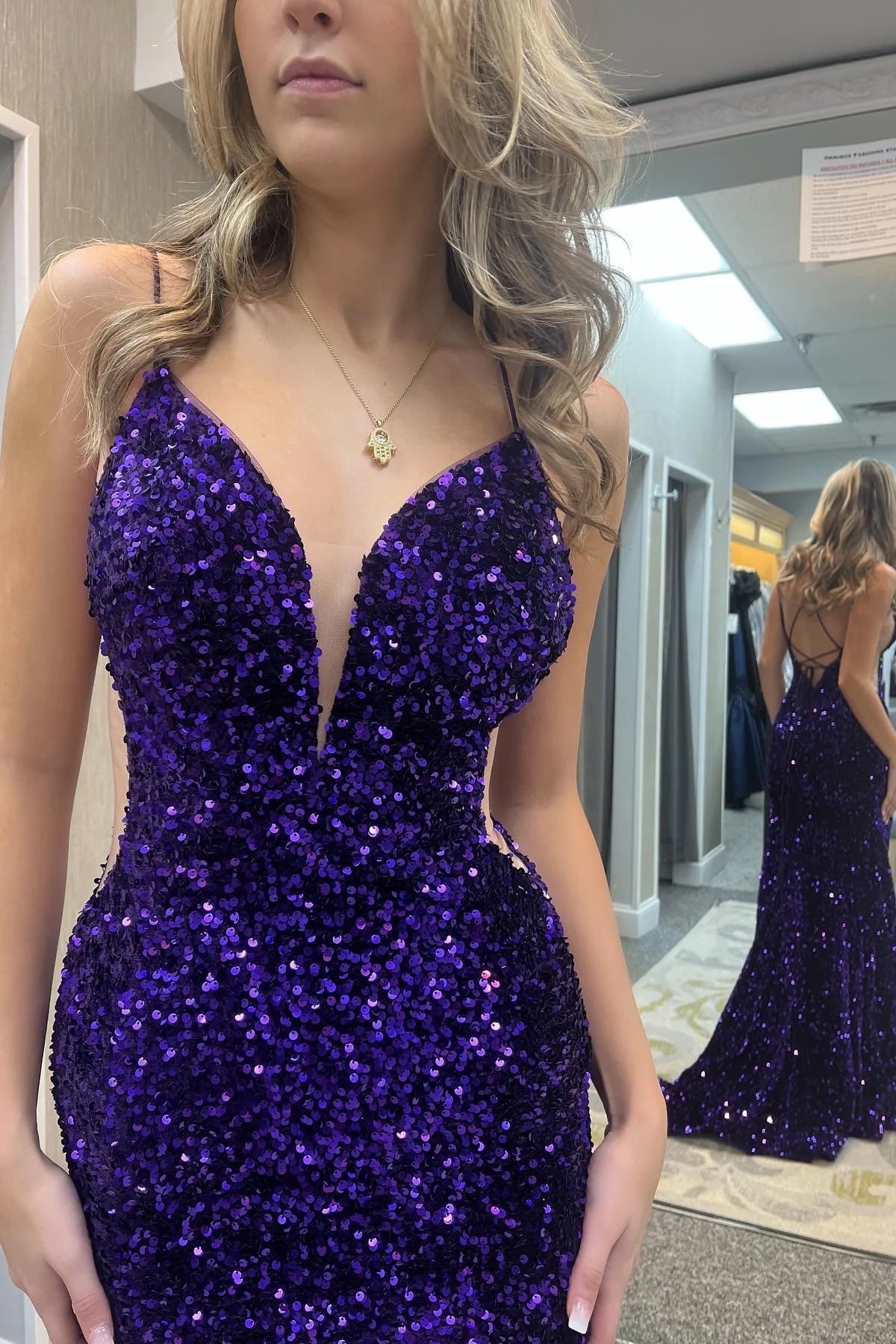 Purple Sequin Evening Gown UK Mermaid Straps Lace Up Back Mychicdress