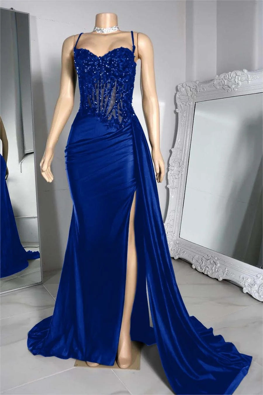 Blue evening gown with a high slit 