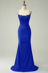 Long Royal Blue Prom Dress Mermaid Evening Gown with Beaded Appliques