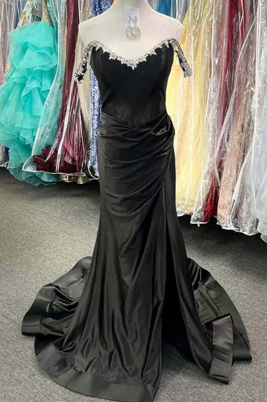 Long black Formal Dress Satin Off the Shoulder with Beaded Neck