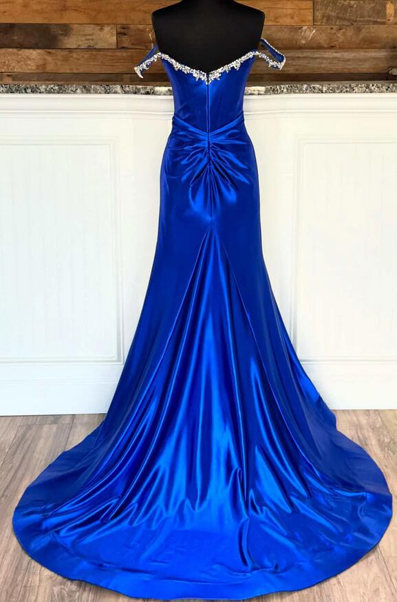 Long Royal Blue Formal Dress Satin Off the Shoulder with Beaded Neck