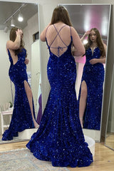 Long Sequin Evening Gown UK Mermaid Straps Lace Up Back Mychicdress